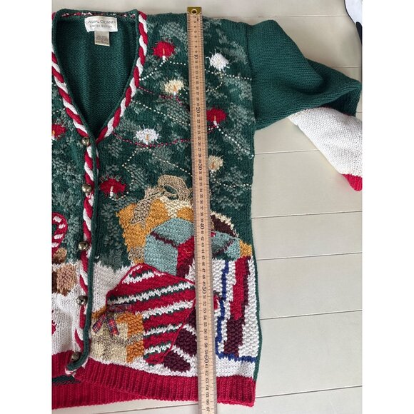 Vtg 90's Ugly Christmas Cardigan Sweater Women's M  Knit Bells Bows Teddy Bear - Picture 10 of 13